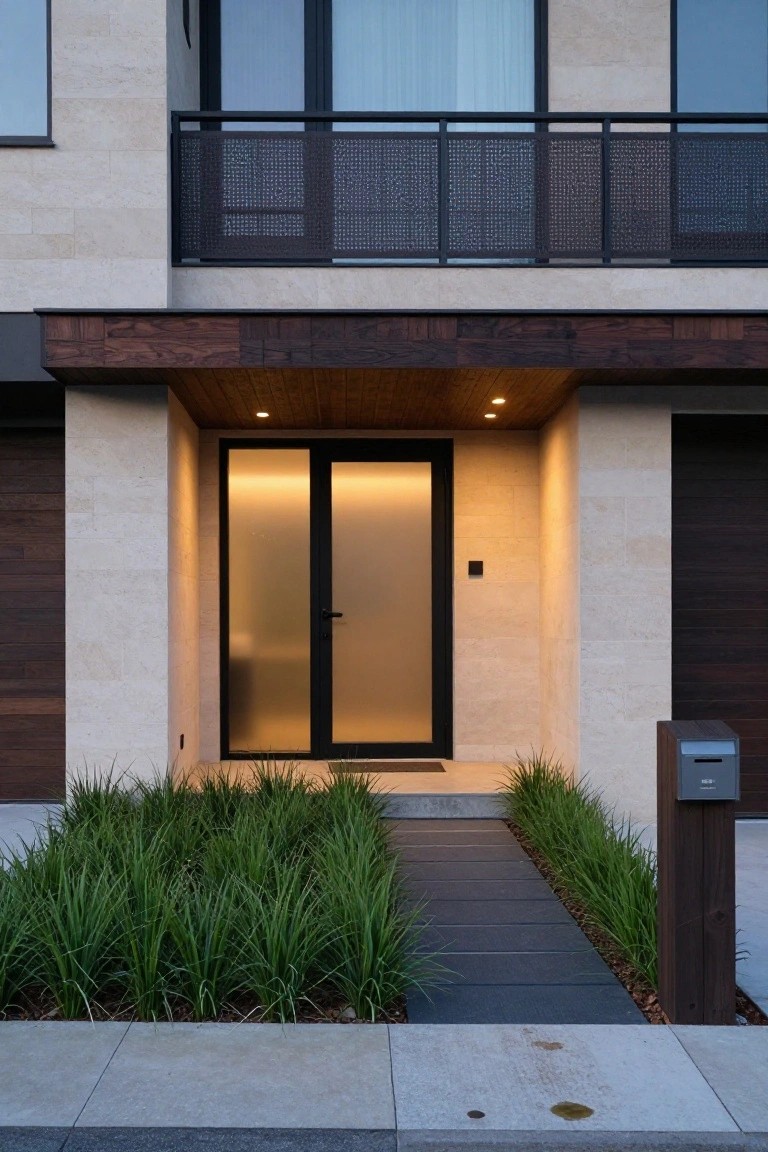 Modern house exterior with beige stone walls, dark wood double garage doors, illuminated frosted glass front door under wooden canopy, upstairs balcony with black metal railing, dark paver pathway lined with tall green grasses.