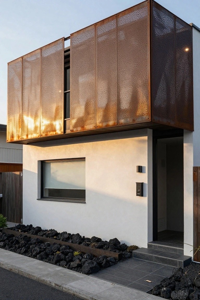 Narrow modern house exterior featuring tall vertical perforated rusted metal screens on the upper facade over a white rendered wall, glass entry door, and front landscaping with black rocks.