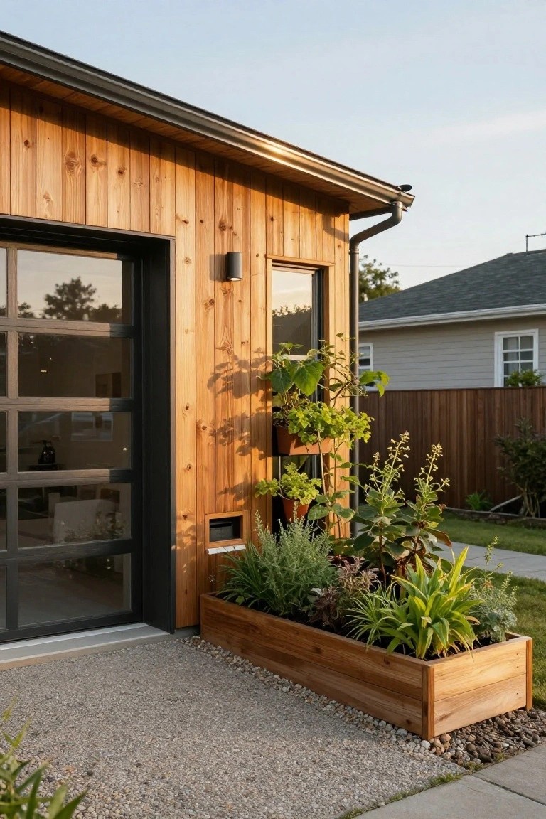 Side exterior of a modern garage with vertical cedar wood siding, black-framed glass garage door, adjacent wooden raised planter box filled with assorted green plants and grasses, gravel ground cover, and fence in the background.