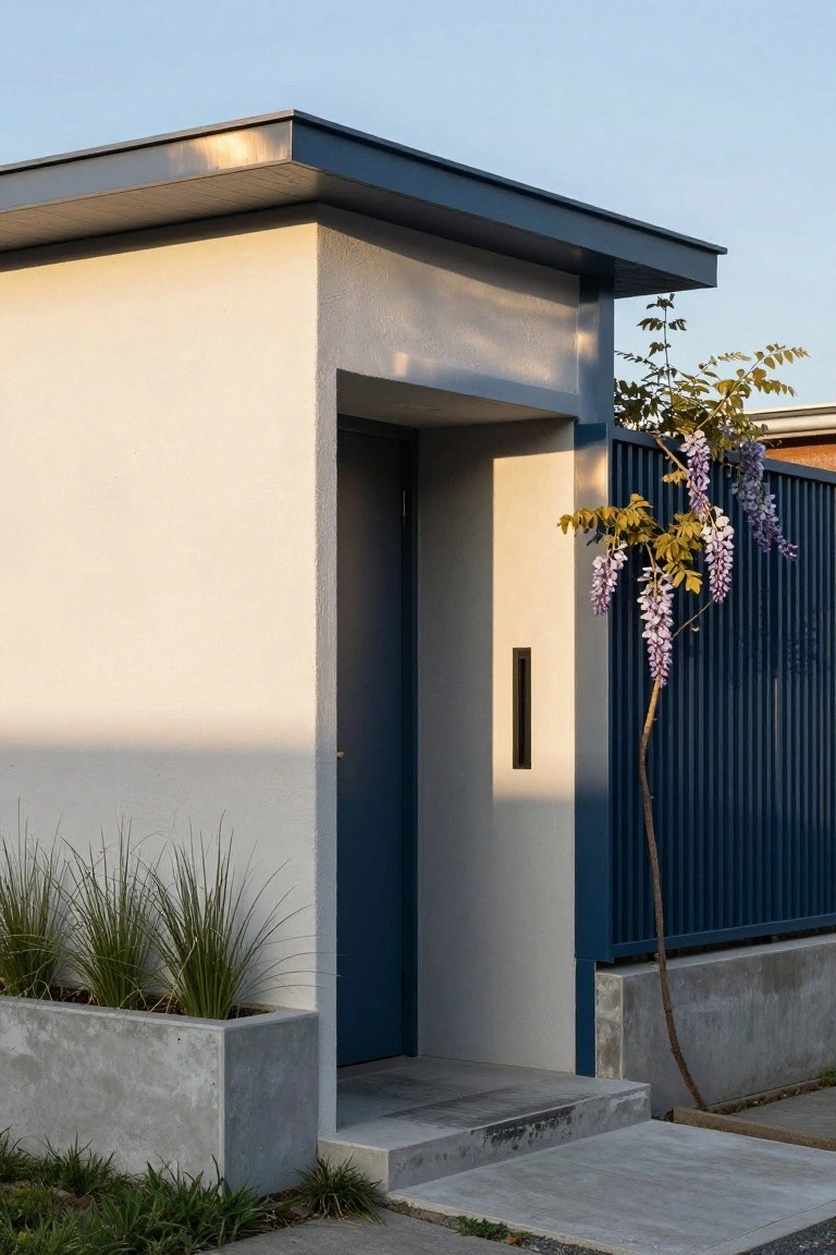Close-up view of a modern house entry with white stucco walls, recessed navy blue front door, adjacent navy vertical slat fence draped in purple wisteria, grasses in concrete planter, and concrete steps.