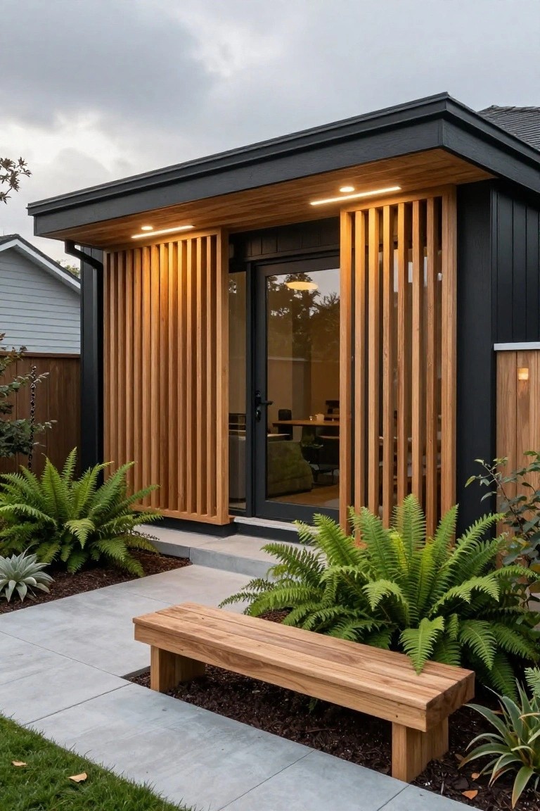 Modern black backyard office with vertical timber slat screens over glass entry doors, wooden bench on concrete path, ferns and plants along the base.