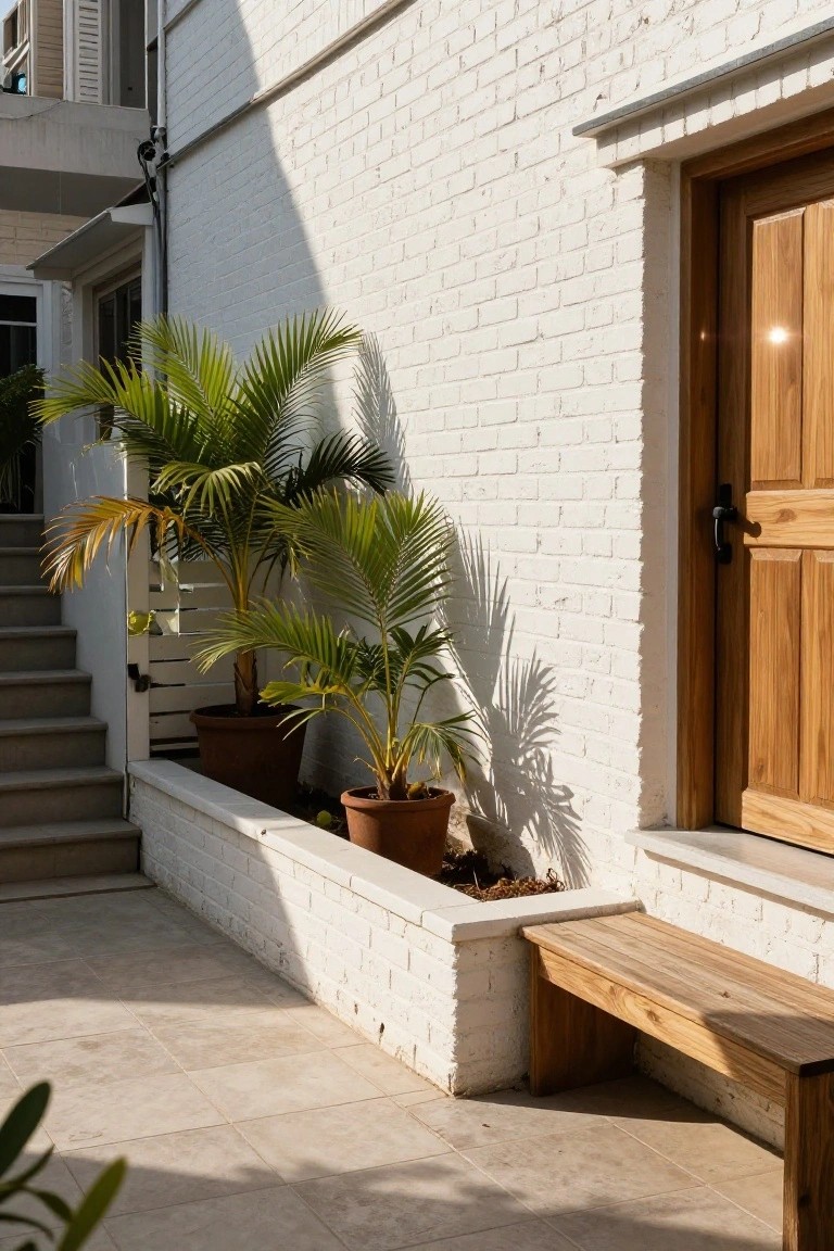 White brick exterior wall with wooden entry door, potted palm plants, concrete stairs, and wooden bench on tiled patio area.