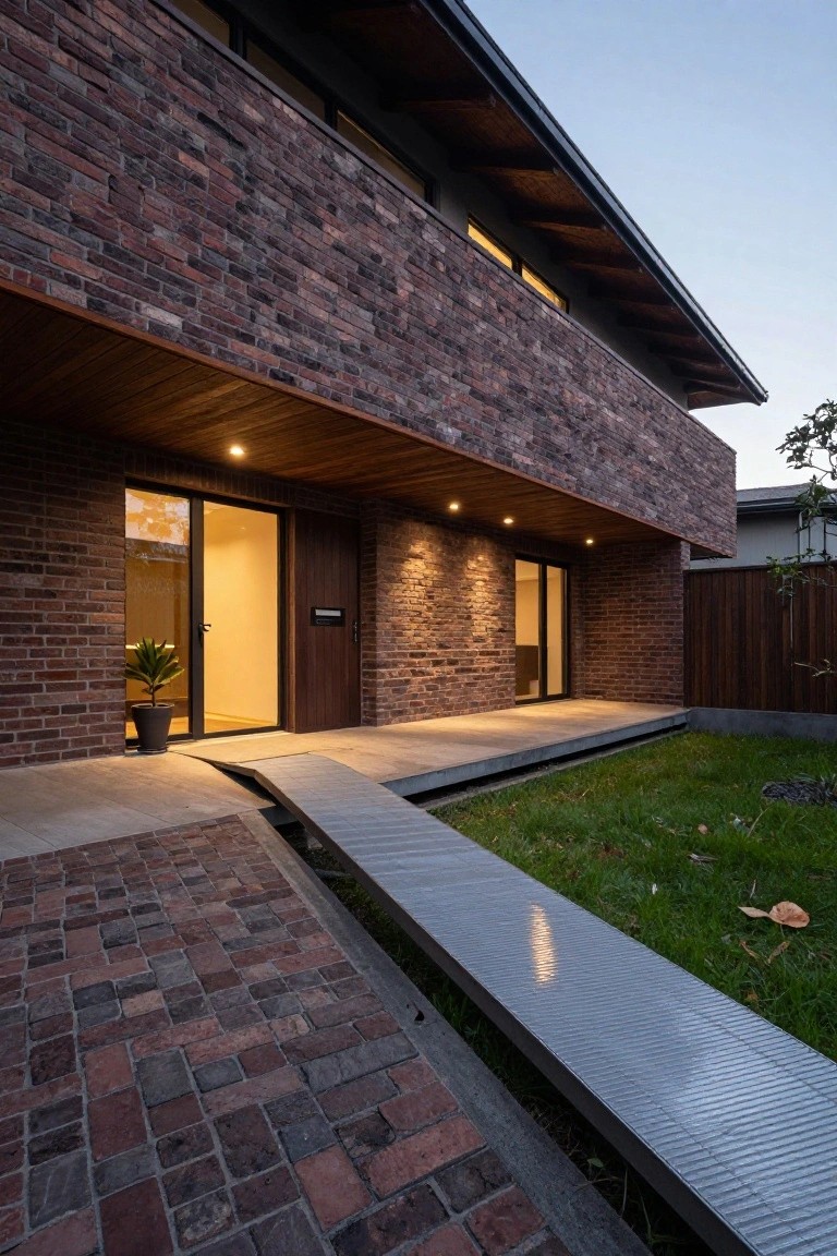 Modern two-story house exterior with red brick walls, dark wood canopy over the entry door and glass panel, warm entry lighting, concrete ramp and pathway, potted plant, and adjacent grass at dusk.