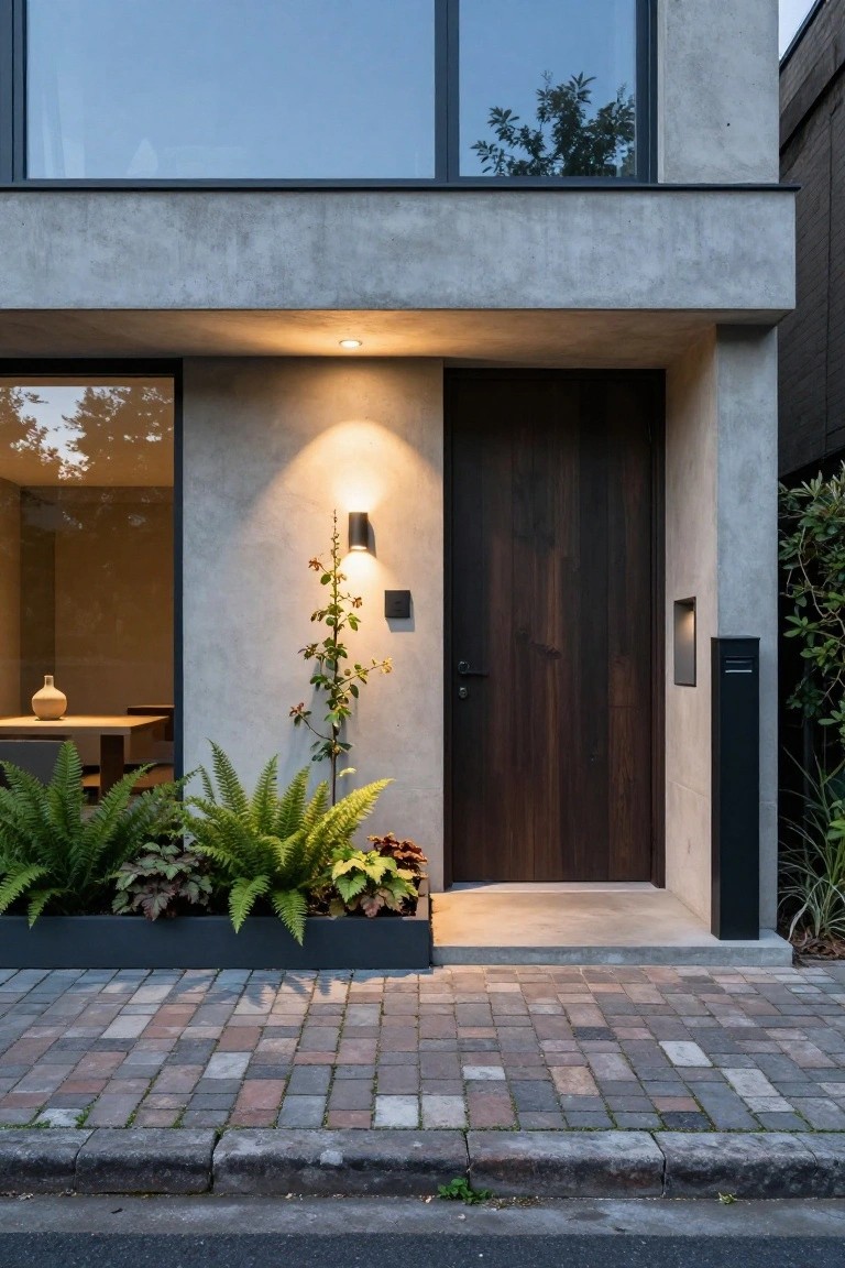 Modern concrete house entrance with wooden door and green plants.