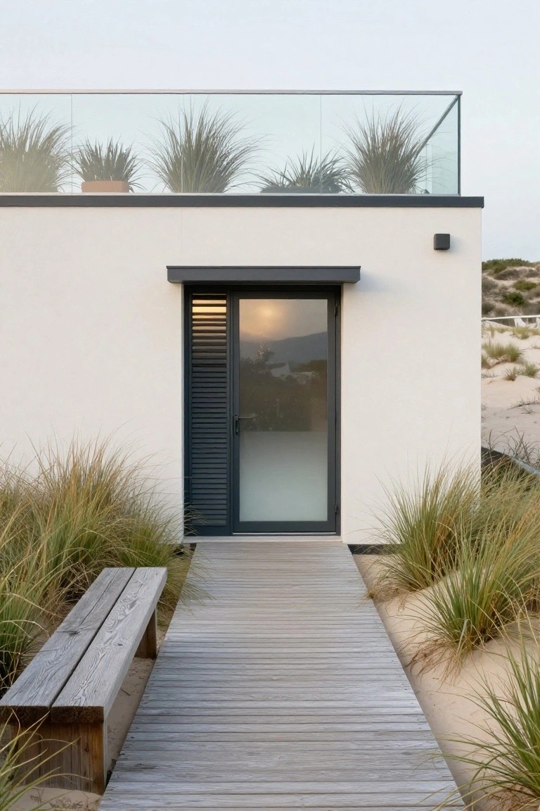 White minimalist house exterior with dark-framed glass entry door and louvered screen, accessed by a straight wooden boardwalk path winding through sand dunes and tall beach grasses.