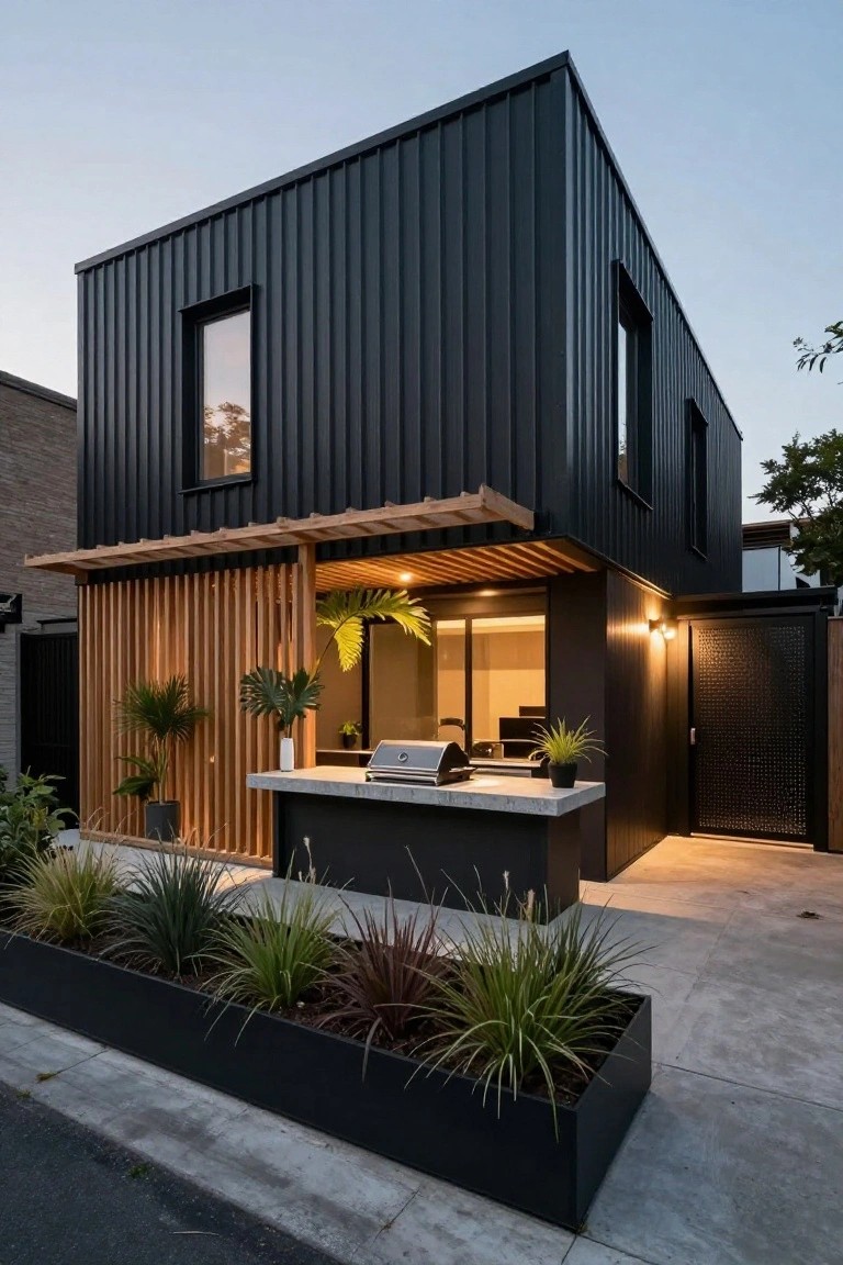 Side view of a two-story black corrugated metal house with narrow windows, a timber pergola and screening over an outdoor concrete bench with BBQ grill, potted plants, and black metal planters along the driveway.