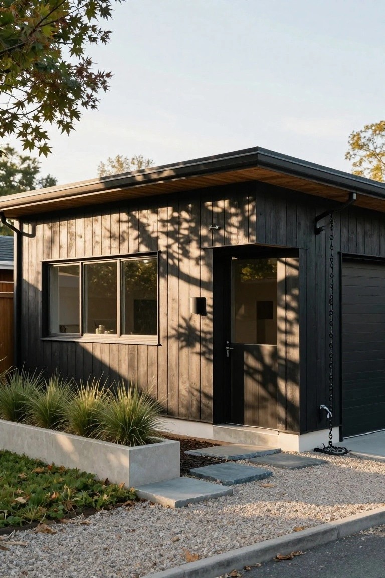 Side view of a small modern building with black vertical wood siding, large triple window, black entry door, black garage door, concrete planter with grasses, stone steps, and gravel path beside a driveway.