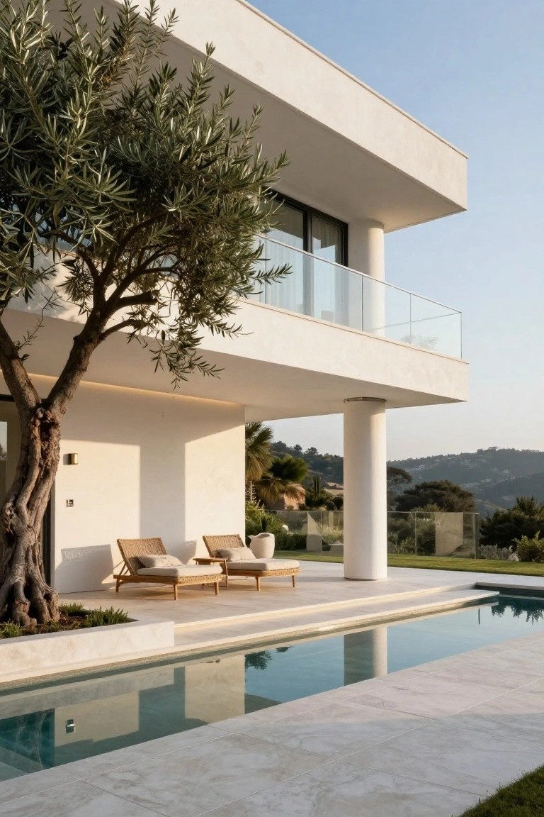 Side view of a white modernist house with cantilevered upper terrace and glass balcony, mature olive tree against the wall, woven lounge chairs on poolside deck, infinity pool, and hillside landscape in background.