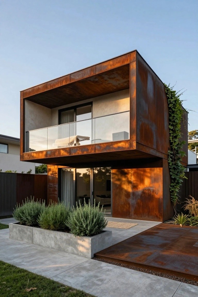 Side view of a two-story modern house with corten steel cladding on walls and balcony, glass railing, ivy climbing one side, concrete planters with shrubs, and rusted metal deck by a lawn path.