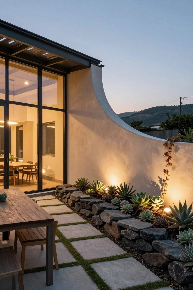Side view of a modern house at dusk with curved beige stucco exterior wall, large black-framed glass doors and windows revealing an indoor dining area, wooden outdoor dining table and chairs on concrete pavers, succulent plants in rock-bordered bed with uplights, and distant hills.