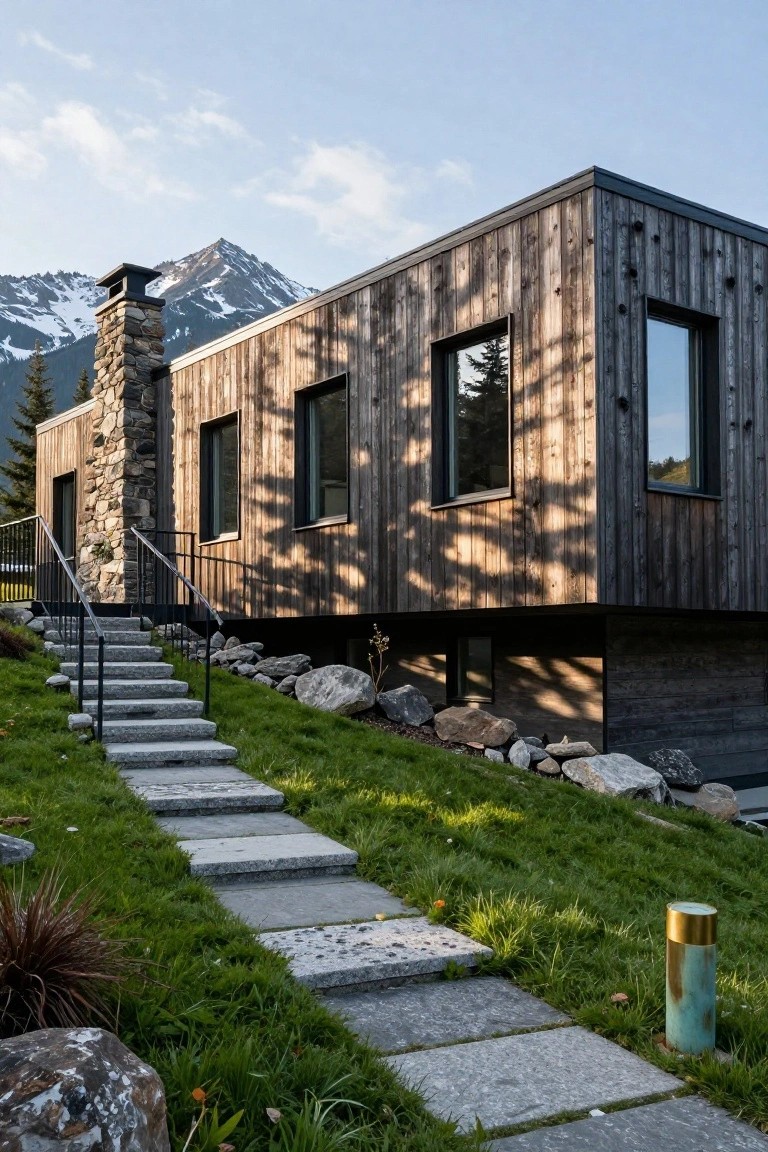 Side view of a rectangular modern house with dark vertical wood cladding, stone chimney and base, large black-framed windows, stone steps leading up from a grassy path with rocks and plants on a hillside, mountains in background.