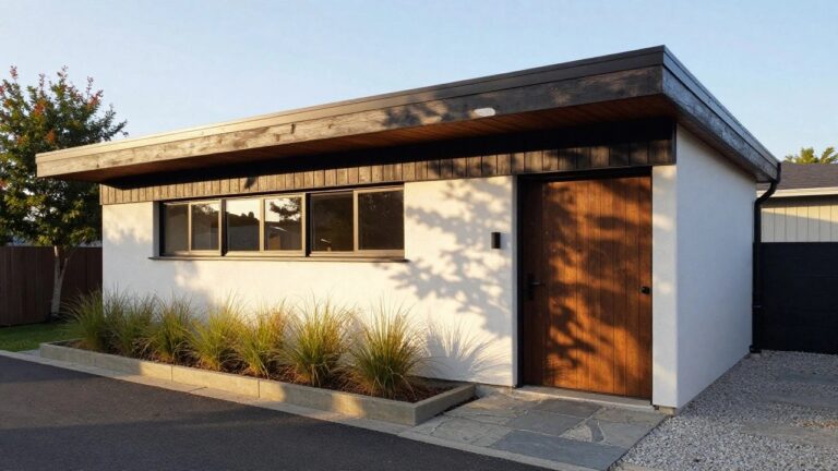 Side view of a small modern building with black vertical wood siding, large triple window, black entry door, black garage door, concrete planter with grasses, stone steps, and gravel path beside a driveway.