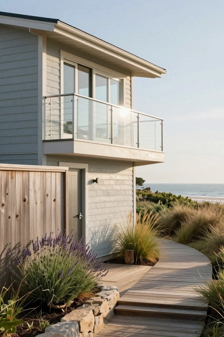 Side view of a two-story modern beach house with light gray shingle siding, glass balcony with cable rails, wooden fence and side door, wooden boardwalk path through dune grasses and lavender plants leading to stone steps, ocean in background.