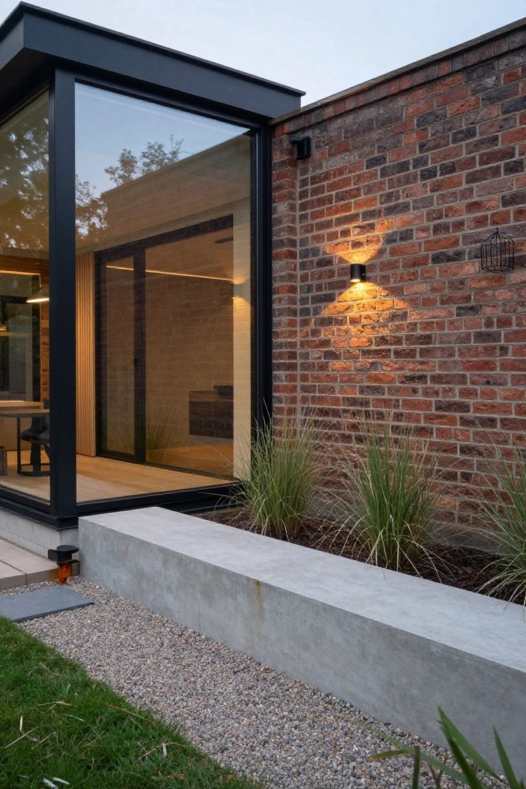 Side exterior view of a house with a black steel-framed glass corner extension next to a textured brick wall, featuring wall-mounted lights, a concrete ledge with grasses, gravel path, and lawn.