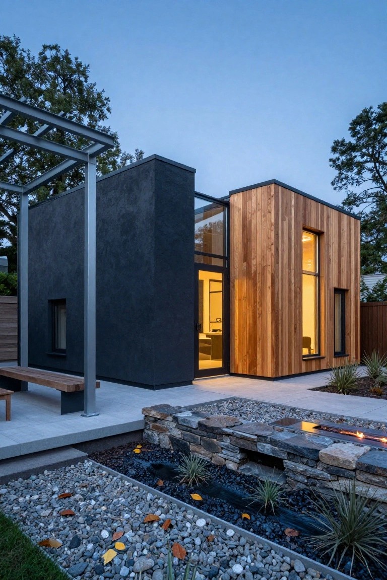 Side view of a modern rectangular house with black stucco on one side and vertical cedar wood cladding on the other, steel pergola structure, glass entry doors, concrete patio, stone fire feature, and gravel landscaping.