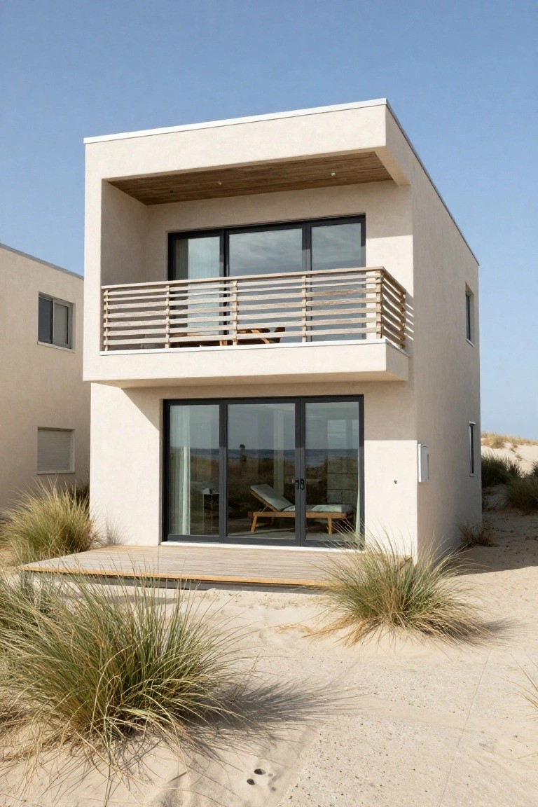 Side view of a two-story beige stucco house on sand dunes with a cantilevered upper balcony featuring wood slat railing and overhang, large black-framed glass sliding doors on the lower level opening to a wooden deck, beach grass in front, and adjacent similar house under blue sky.