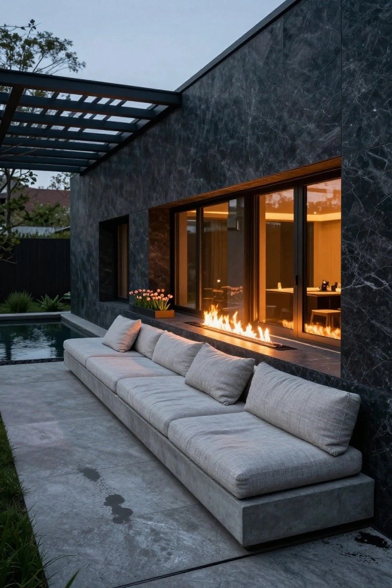 Side view of modern house with dark stone cladding and large glass windows, featuring a linear fire pit built into the wall base next to a long low concrete sofa with white cushions, small pool, plants, and concrete patio.