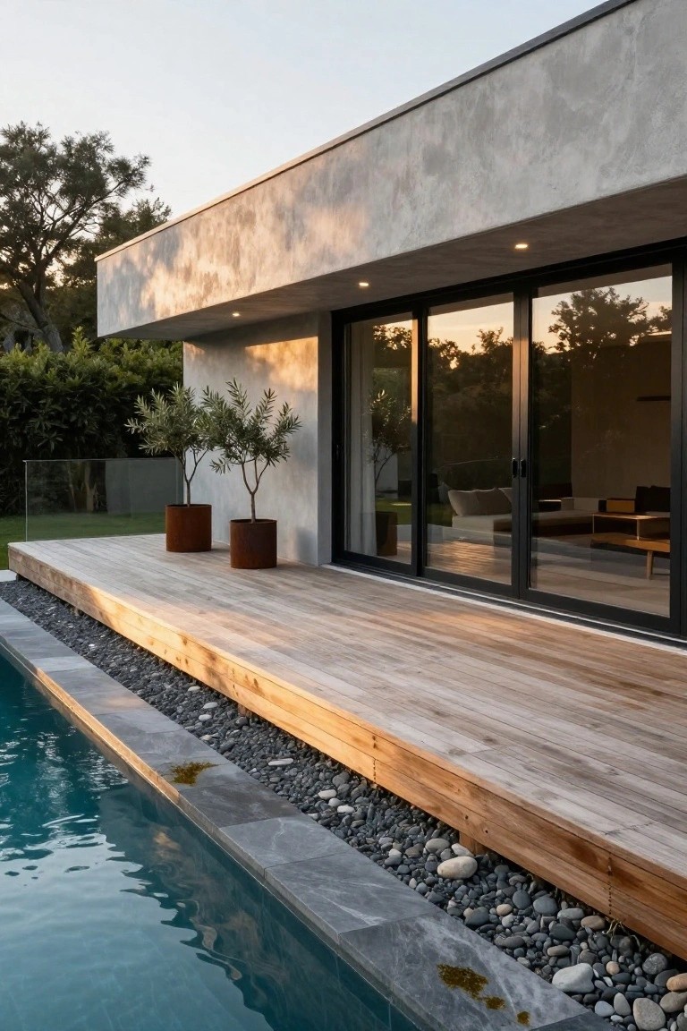 Side view of a modern house featuring gray textured plaster walls, large black-framed sliding glass doors opening onto an elevated wooden deck above a rectangular swimming pool with slate edging, pebble border, rust-colored planters with olive trees, and surrounding greenery.