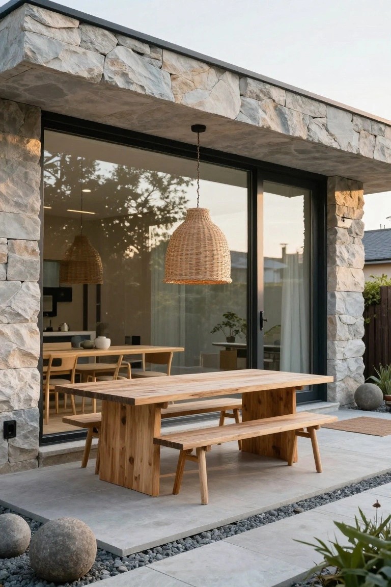 Side view of a modern house with gray stacked stone walls and overhang, large black-framed sliding glass doors opening to a patio with a wooden dining table, benches, rattan pendant lights, potted plants, gravel edging, and stone spheres.