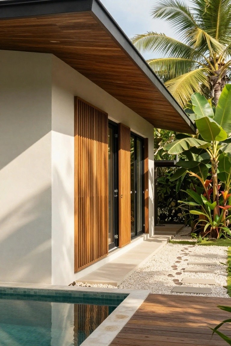 Side view of a modern single-story house featuring white stucco walls, vertical wood slat screens over black-framed sliding glass doors, dark metal roof overhang with wood ceiling, turquoise infinity pool, wood deck, pebble path, and surrounding tropical plants and palms.