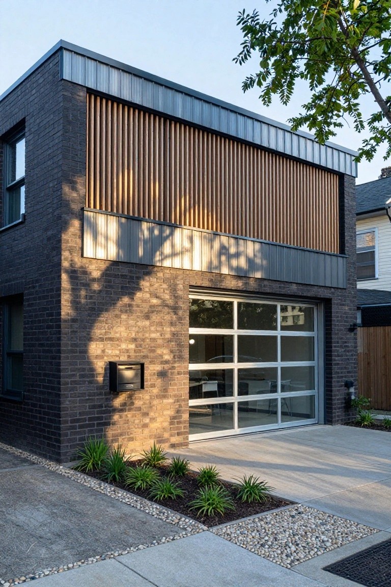 Side view of a two-story modern house with black brick walls, vertical wood slats on the upper facade section, gray metal roof trim, open glass garage door, mailbox, and front landscaping with plants, mulch, pebbles, and concrete driveway.