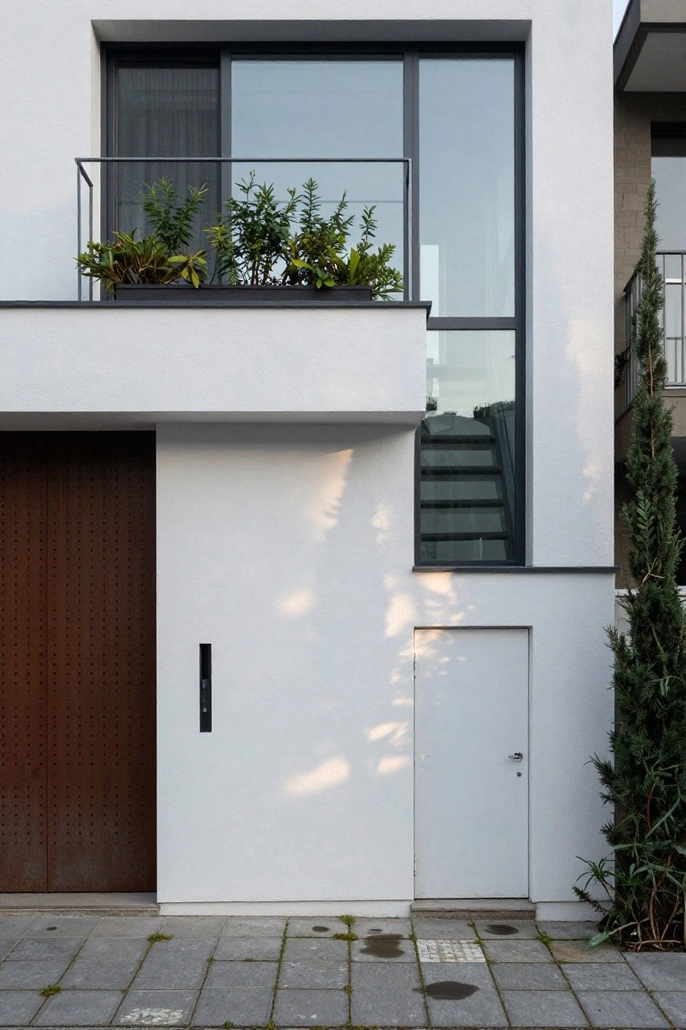 Side view of a modern two-story house with white stucco walls, large black-framed windows, a cantilevered balcony with potted plants, wooden garage door, small white side door, cypress trees, and paved driveway.