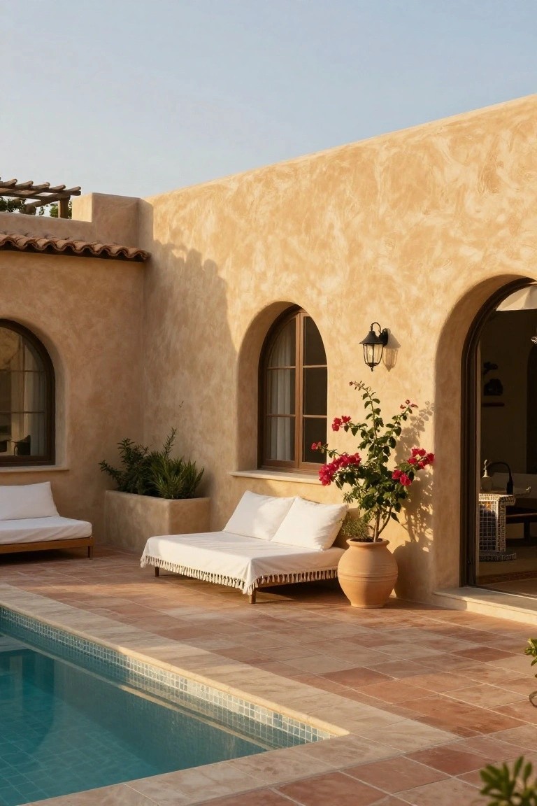 Beige textured stucco house exterior wall with rounded arch windows and open doorway, white lounge beds on wooden frames, potted red bougainvillea plant, and turquoise pool edged with terracotta tiles on a sunny patio.