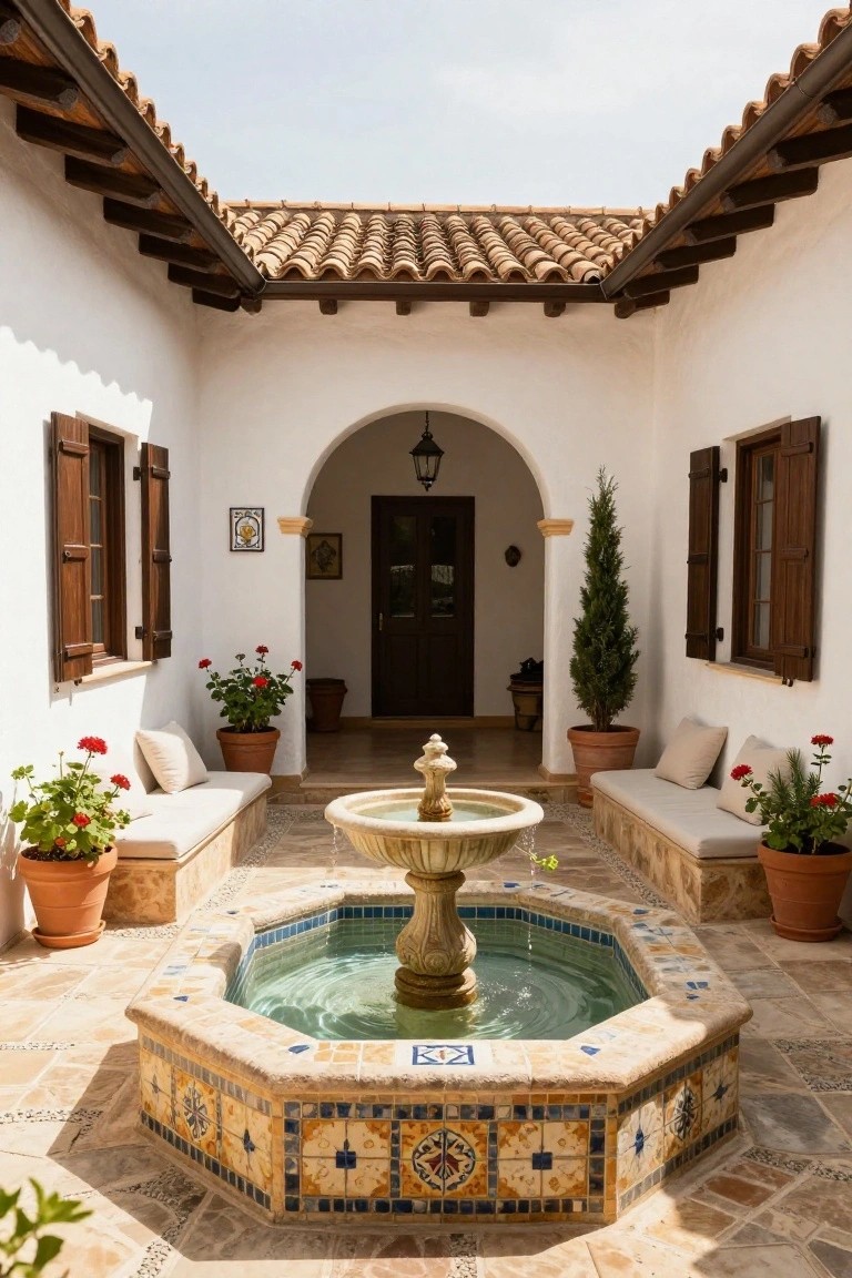 Sunlit white courtyard with central octagonal tiled fountain pool, built-in cushioned benches on stone bases, potted geraniums, a cypress tree, wooden shutters, and arched entry to a dark wood door under terracotta roof.