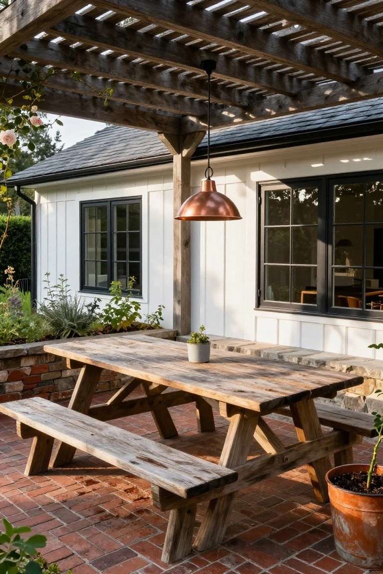 Wooden pergola-covered outdoor patio with rustic picnic table and benches on brick pavers, surrounded by plants and pots, adjacent to white house wall with black windows and copper pendant light.