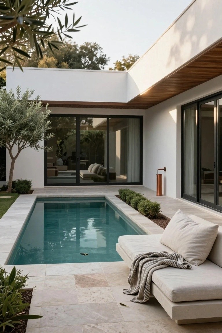 White modern house with wooden ceiling overhang and black-framed glass doors opens to a narrow turquoise plunge pool edged in travertine tiles, next to a beige outdoor daybed with gray throw blanket, boxwood hedges, and olive trees in a courtyard.
