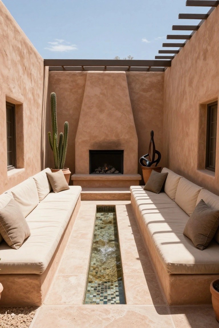 Adobe-walled courtyard featuring built-in beige sofas facing each other across a narrow rectangular water channel with green-tiled bottom, a fireplace at one end flanked by potted cacti and a sculpture, under a wooden pergola with blue sky above.