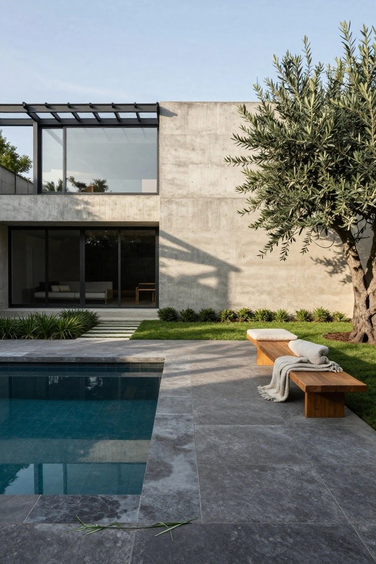 Modern house corner with light gray exposed board-formed concrete walls, black-framed glass sliding doors and windows, adjacent rectangular blue swimming pool, wooden bench with white cushions and gray throw blanket on gray stone deck, olive tree, and low green plants.