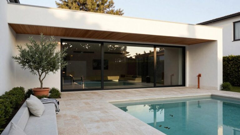 20 Modern House Exterior U Shape Homes That Embrace Space White modern house with wooden ceiling overhang and black-framed glass doors opens to a narrow turquoise plunge pool edged in travertine tiles, next to a beige outdoor daybed with gray throw blanket, boxwood hedges, and olive trees in a courtyard.