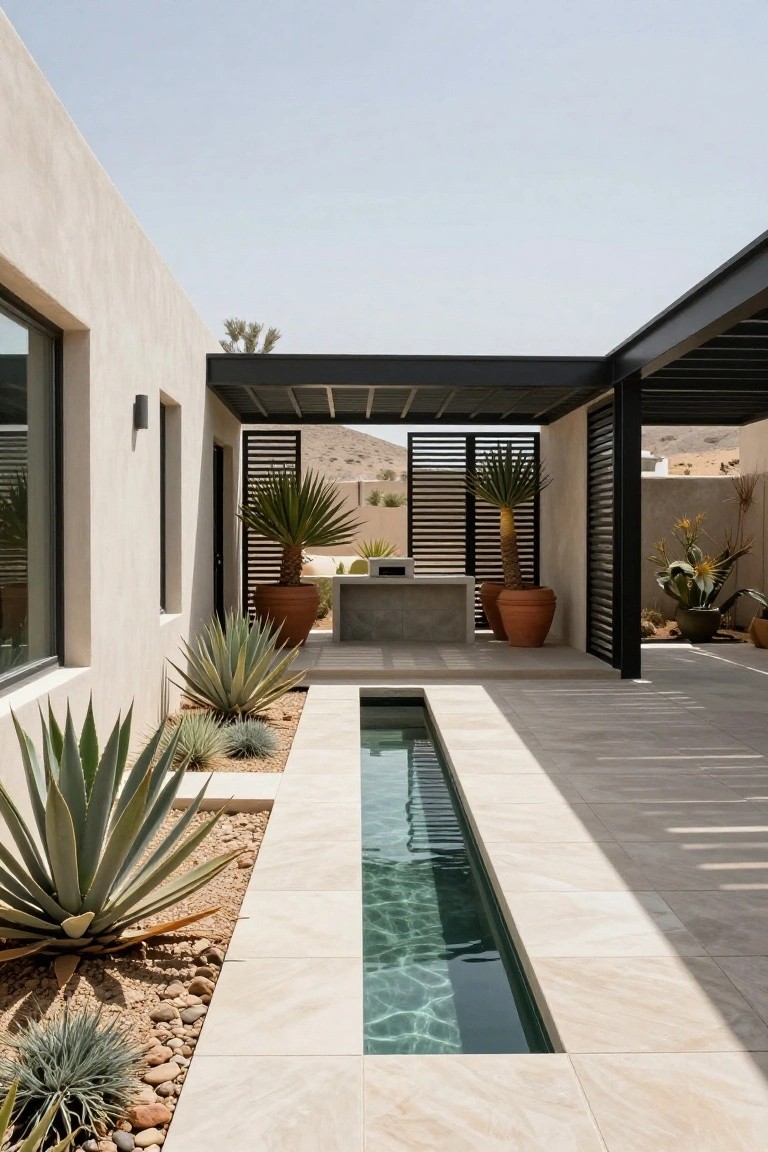 Sunny courtyard with beige stucco walls, black metal pergola, narrow turquoise pool along the edge lined with agave plants and gravel, large terracotta pots with palms, concrete outdoor kitchen counter, and desert hills in the background.
