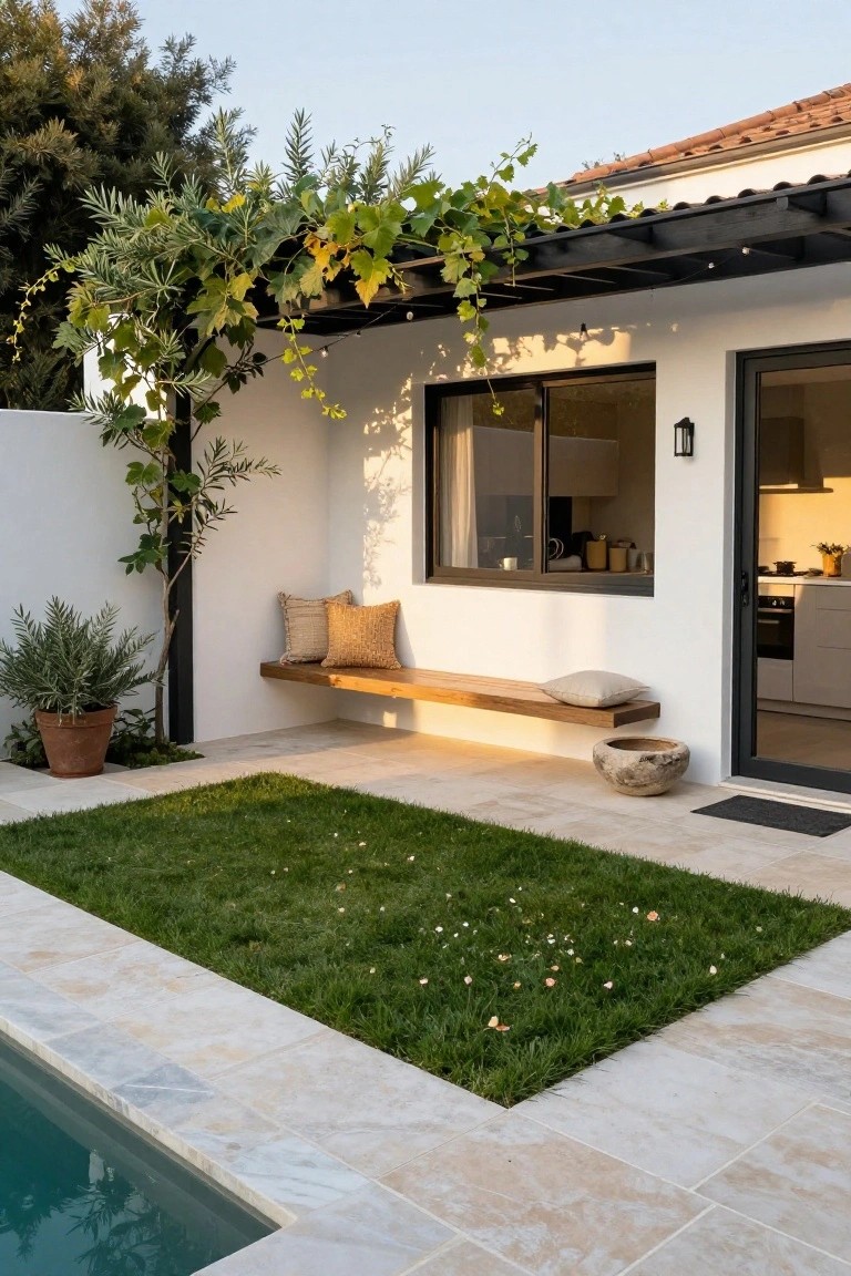 White stucco house exterior wall with built-in wooden bench seat and cushions, flanked by potted plants, a green artificial turf rug, stone basin planter, open glass door to kitchen, and turquoise pool edge on tiled patio.