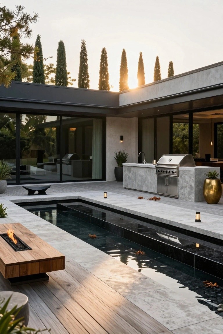 Modern patio featuring a built-in stainless steel BBQ on gray stone counter with sink, wooden fire table, narrow black-tiled pool alongside wood decking, large glass walls opening to house interior, potted plants, and tall cypress trees at sunset.