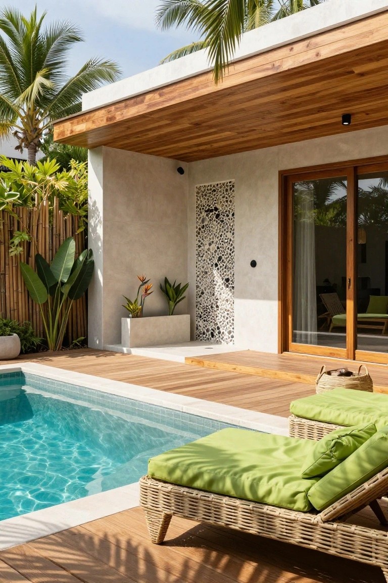 Modern beige stucco house exterior with wooden roof overhang and sliding glass doors next to a turquoise tiled plunge pool, light wooden deck with two green-cushioned rattan loungers, tropical plants, and bamboo privacy fence.