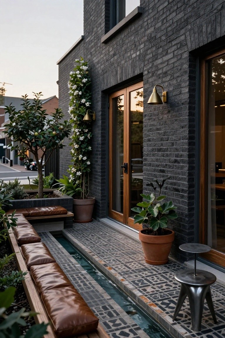 Modern terrace with black brick wall, wooden doors, built-in wooden benches with brown leather cushions along a narrow water channel in patterned tile floor, potted plants, and climbing vines.