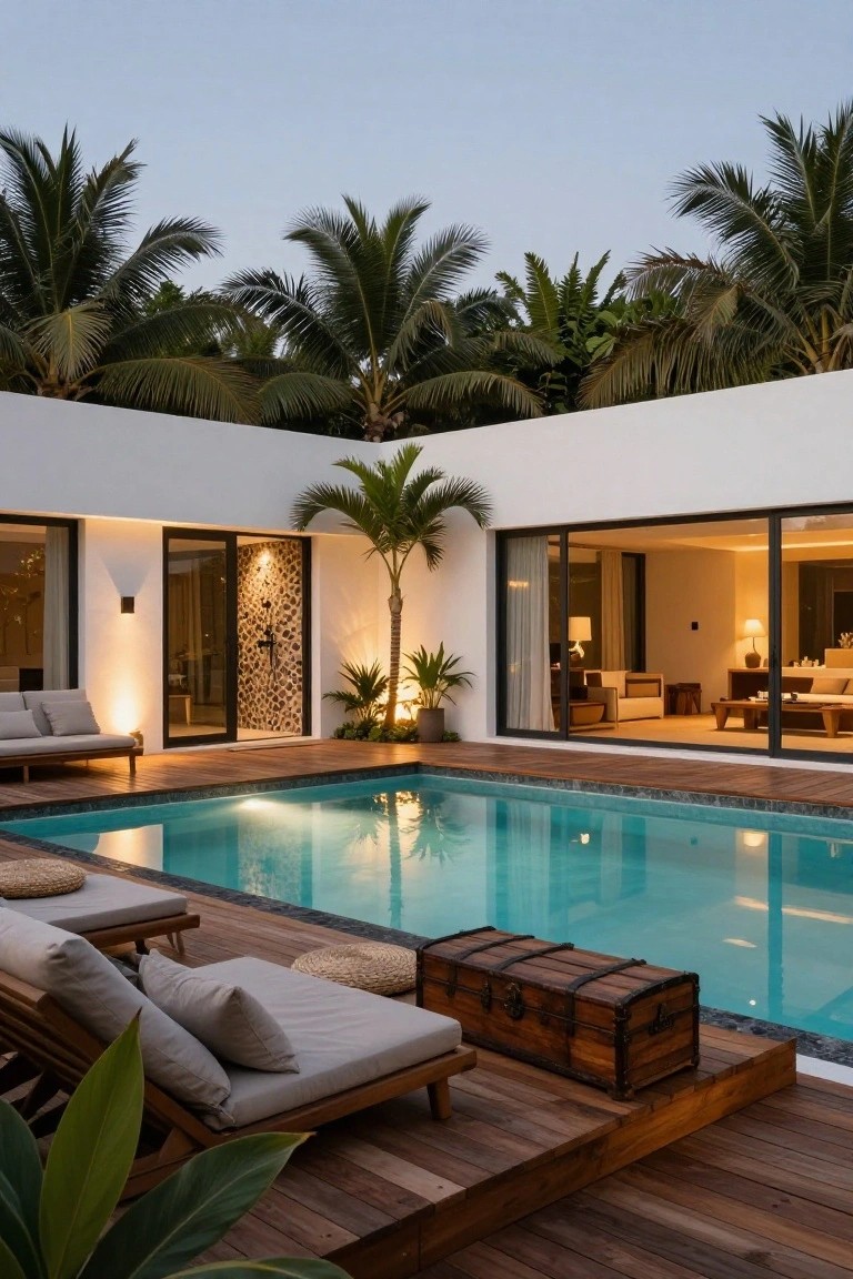 White modern house corner with glass sliding doors open to turquoise pool edged by wooden deck platform, lounge chairs, wooden chest, tropical plants, and palm trees at dusk.