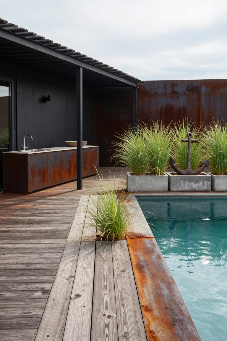 Wooden deck beside a turquoise pool with rusted metal outdoor kitchen counter, sink, and planters containing grasses and an anchor, next to a dark wall under a covered porch.
