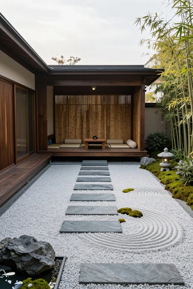 Wooden deck platform with beige cushions and low table adjacent to a white gravel zen garden featuring dark flat stepping stones, raked circular patterns, mossy rocks, and small plants beside a modern house structure.