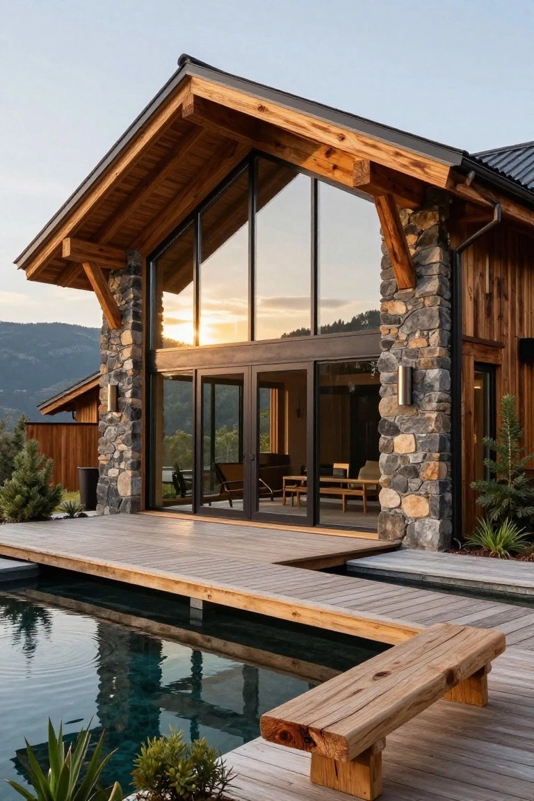 Modern chalet house exterior featuring exposed wooden beams on a steeply pitched roof, stone wall pillars, large floor-to-ceiling glass windows and doors, wooden deck with bench extending to an infinity-edge pool, surrounded by pines and mountains at sunset.