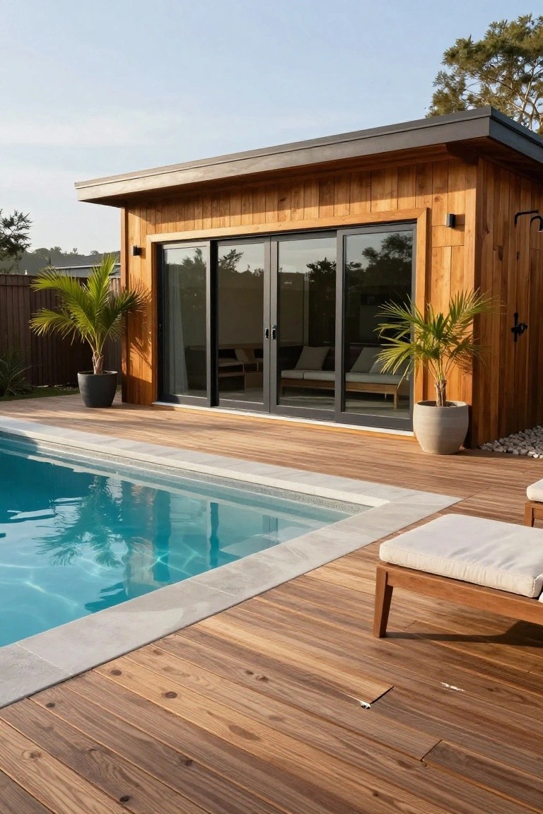 Wooden cabin with vertical cedar siding, black-framed sliding glass doors, and outdoor shower next to a rectangular pool on a wooden deck with potted palms and lounge chairs.