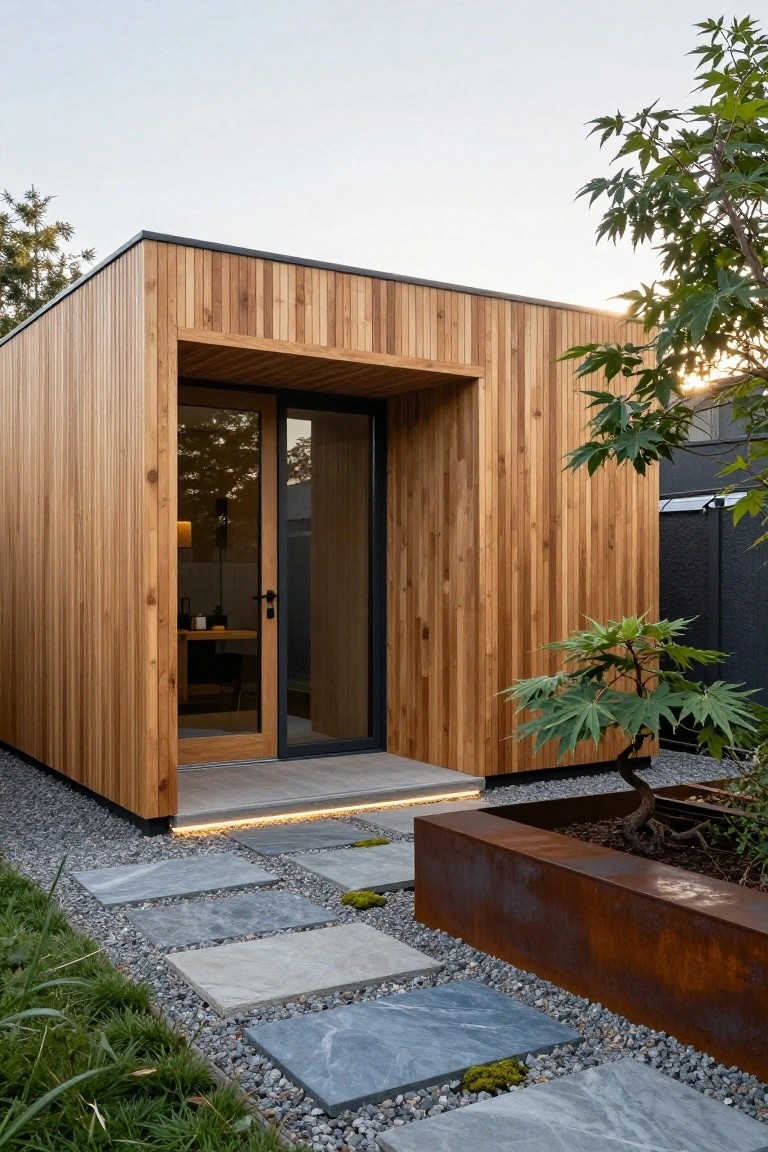 Small modern wooden cabin with vertical plank siding, recessed glass entry door, concrete steps, gravel ground cover, stone pavers, and nearby plants including a bonsai tree.