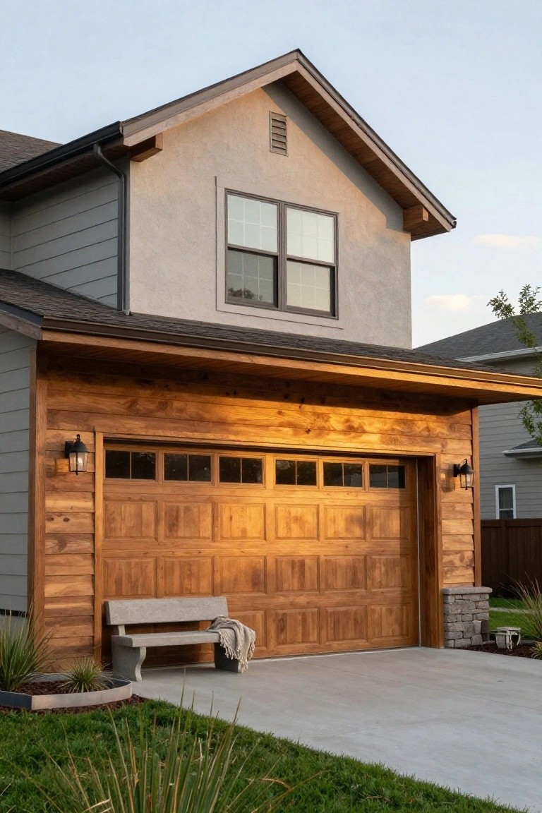 A modern two-story house with gray siding and stucco upper section, featuring a large wooden garage door with wood cladding on the sides, black wall lanterns, a concrete bench with a throw blanket nearby, and low landscaping along the driveway.