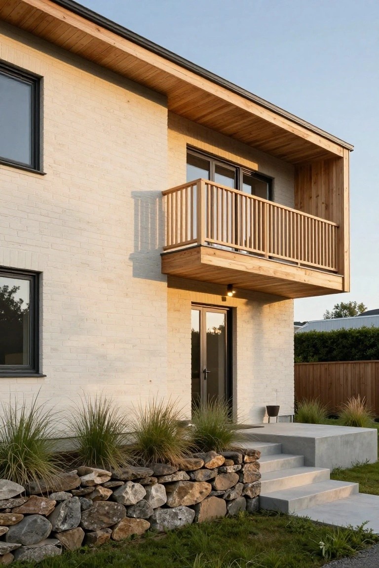 Side view of a modern two-story house with white brick walls, protruding wooden balcony with railing and cladding, glass entry door, concrete steps leading up, stone retaining wall edged with grasses, and wooden fence nearby.