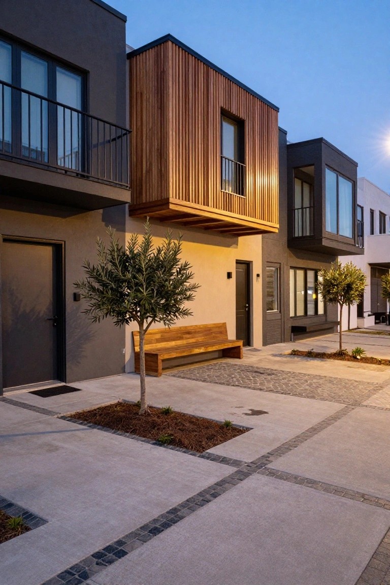 Modern townhouses with dark gray facades featuring vertical light wood cladding, wooden balconies, entrance doors, olive trees, a wooden bench, and paved walkways in a courtyard at dusk.
