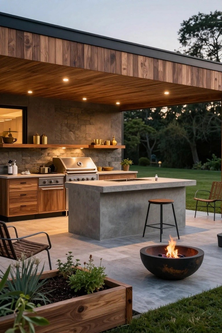 Modern outdoor kitchen under wooden plank ceiling with stone walls, built-in grill, concrete island and bar stool, potted plants, fire pit, chairs, and tiled patio next to grassy yard.