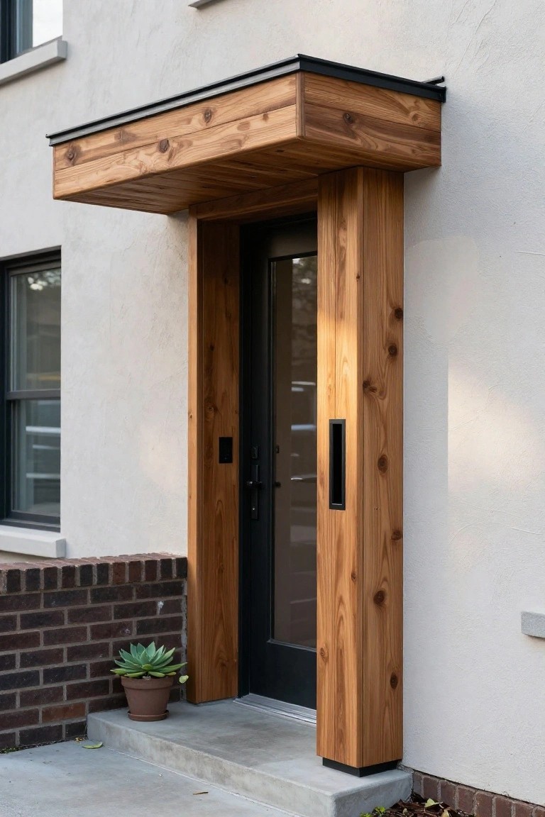 Front door entrance under a flat wooden awning supported by two timber posts, set in white stucco walls with brick base, glass door, and potted succulent plant.