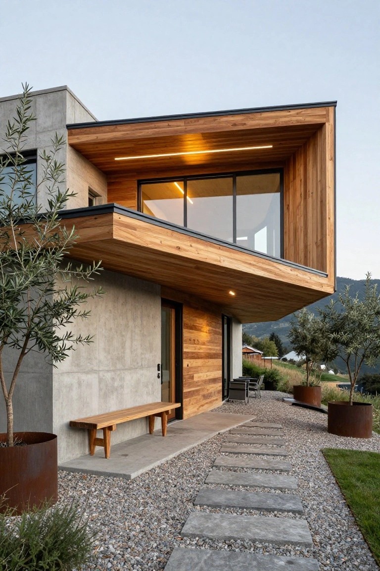 Modern house exterior with gray concrete walls, prominent wooden cantilevered overhang above a wooden entry door and large glass window, wooden bench, stone stepping path through gravel, potted plants including olive trees, set in a mountainous landscape.